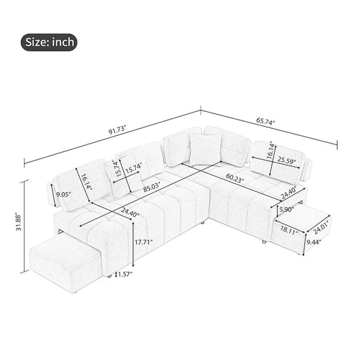Canapé d'angle 4 places en L de 91,73 po avec 2 tabourets cachés, 2 coussins lombaires amovibles et revêtement en chenille durable