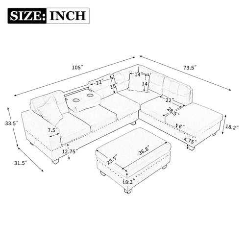 Canapé d'angle moderne 7 places 105 avec pouf de rangement