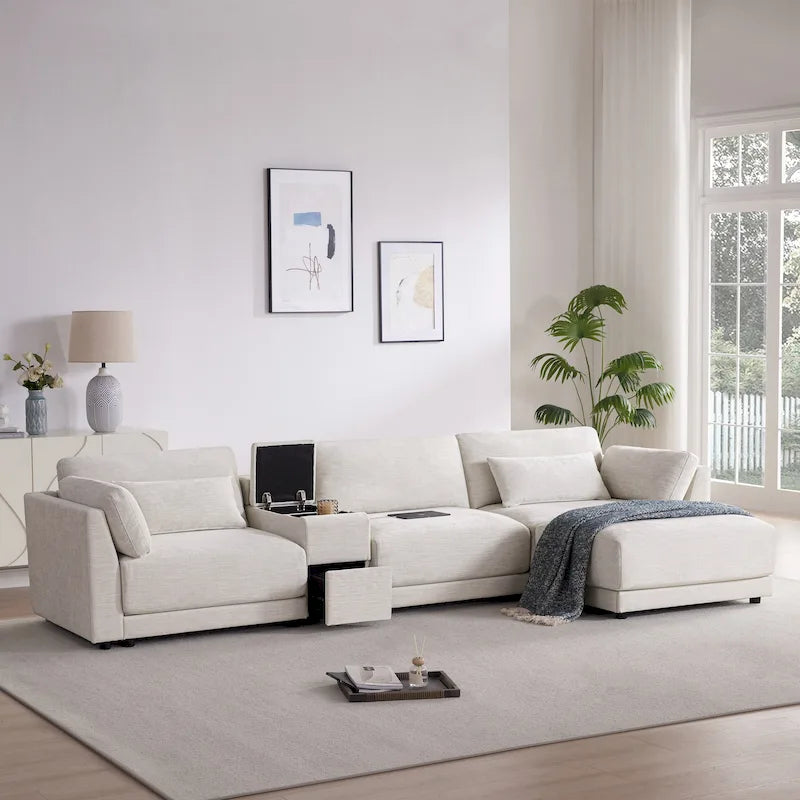 Canapé d'angle 4 places 124 Chenille avec console de rangement, USB