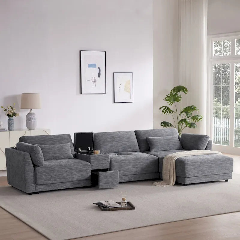 Canapé d'angle 4 places 124 Chenille avec console de rangement, USB