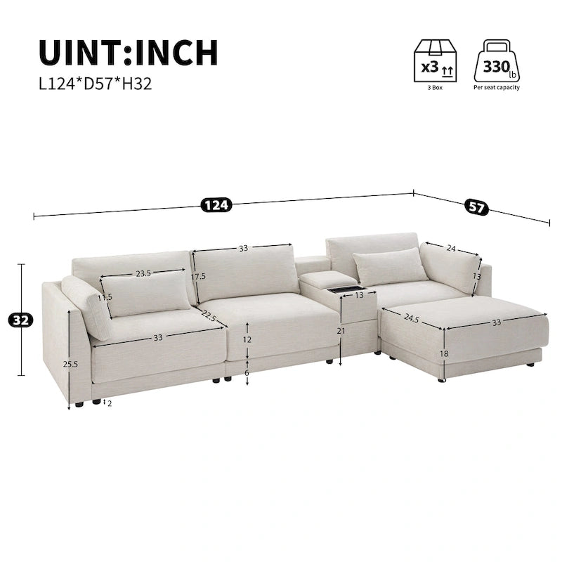 Canapé d'angle 4 places 124 Chenille avec console de rangement, USB
