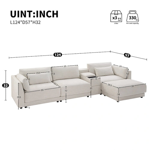 Canapé d'angle 4 places 124 Chenille avec console de rangement, USB