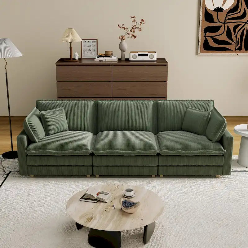 Canapé 4 places classique moderne en velours côtelé 103 avec assise profonde et 4 coussins