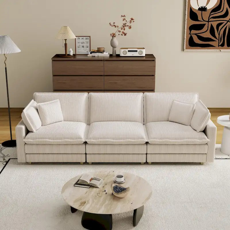 Canapé 4 places classique moderne en velours côtelé 103 avec assise profonde et 4 coussins