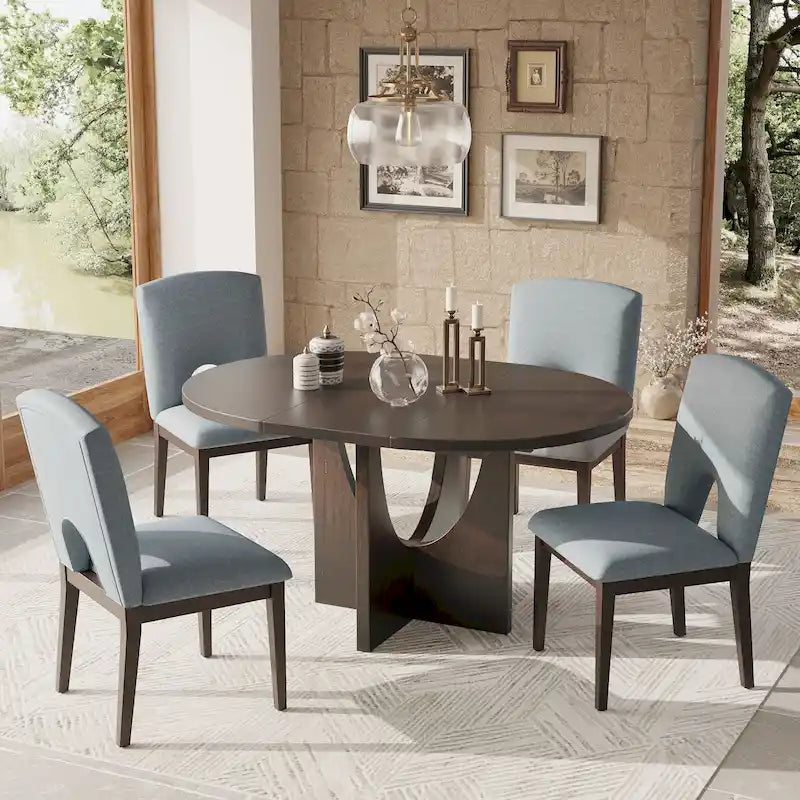Ensemble de salle à manger rond extensible 5 pièces de style moderne avec rallonge amovible et chaises de salle à manger rembourrées