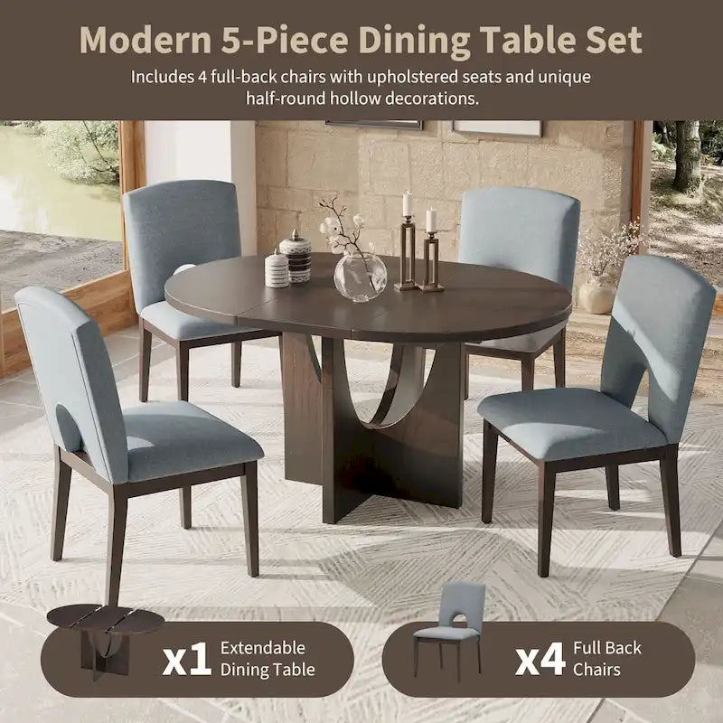 Ensemble de salle à manger rond extensible 5 pièces de style moderne avec rallonge amovible et chaises de salle à manger rembourrées