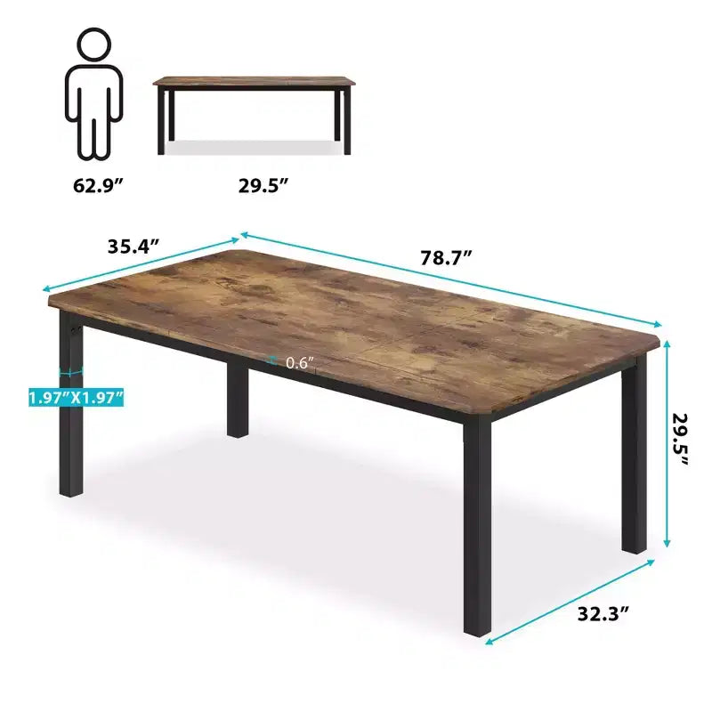 Table de salle à manger industrielle pour 6 à 8 personnes, table de cuisine en bois de 200 cm de long avec cadre en métal robuste et finition marron rustique - 6 places, comptoir rectangulaire