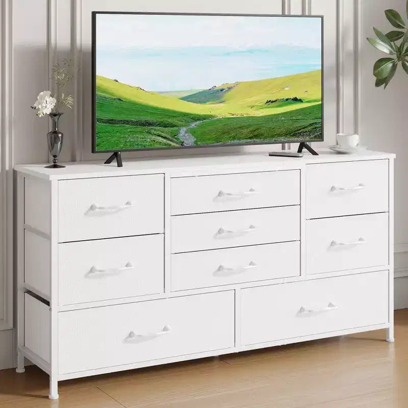 Commode de rangement moderne blanche à 9 tiroirs, dessus en bois, organisateur en tissu, grand meuble de chambre à coucher, entrée, console TV de 45 pouces