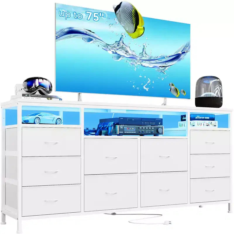 Commode noire de 160 cm pour chambre à coucher, commode à 10 tiroirs, meuble TV pour téléviseur de 65, 70, 75 pouces, commode en tissu avec lumières LED et prises de courant