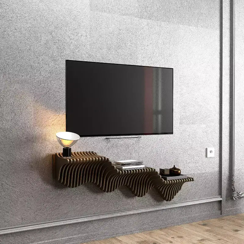 Meuble TV mural flottant HomeStock Parametric de 102 cm, étagère murale géométrique moderne en bois, décor couleur chêne naturel, étagère ondulée 3D pour salon et salle de jeux