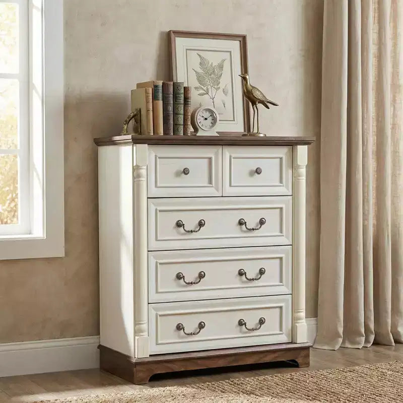 JVNOXK Commode à cinq tiroirs en bois de style rustique de 31 pouces avec base, armoire de rangement pour chambre ou salon, élégante, robuste, durable, noyer