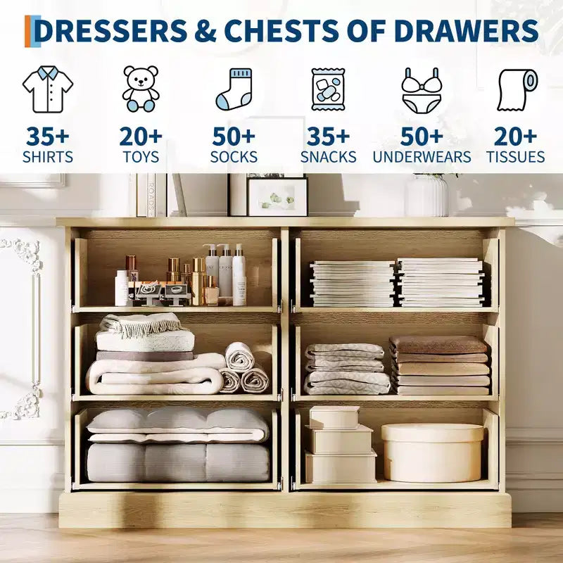 Commode à 6 tiroirs cannelés pour chambre à coucher, commode horizontale en bois avec poignées en métal, organiseur de rangement moderne pour chambre à coucher, salon
