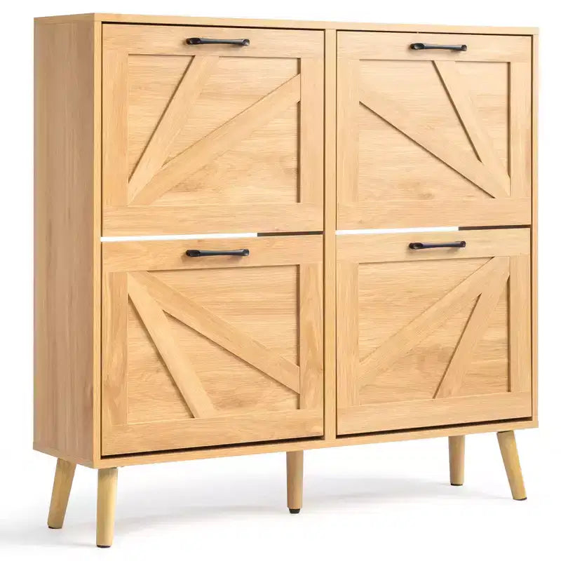 Karl Home Armoire à chaussures 4 portes réversibles noires en aggloméré gaufré avec pieds naturels 105,9 cm Bois naturel