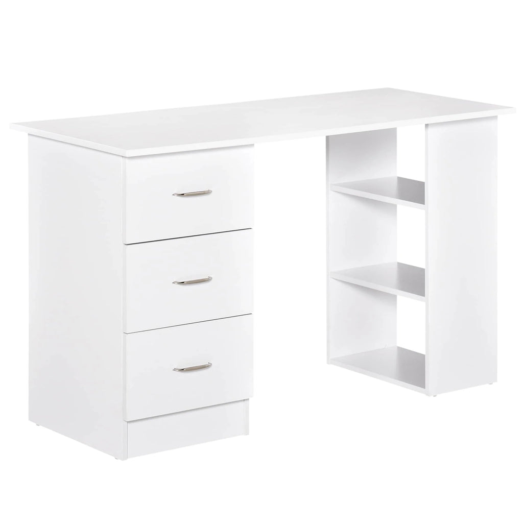 HOMCOM Bureau d'ordinateur moderne 47" pour la maison et le bureau, combo bibliothèque, table d'écriture, poste de travail avec 3 tiroirs et étagère de rangement - Blanc