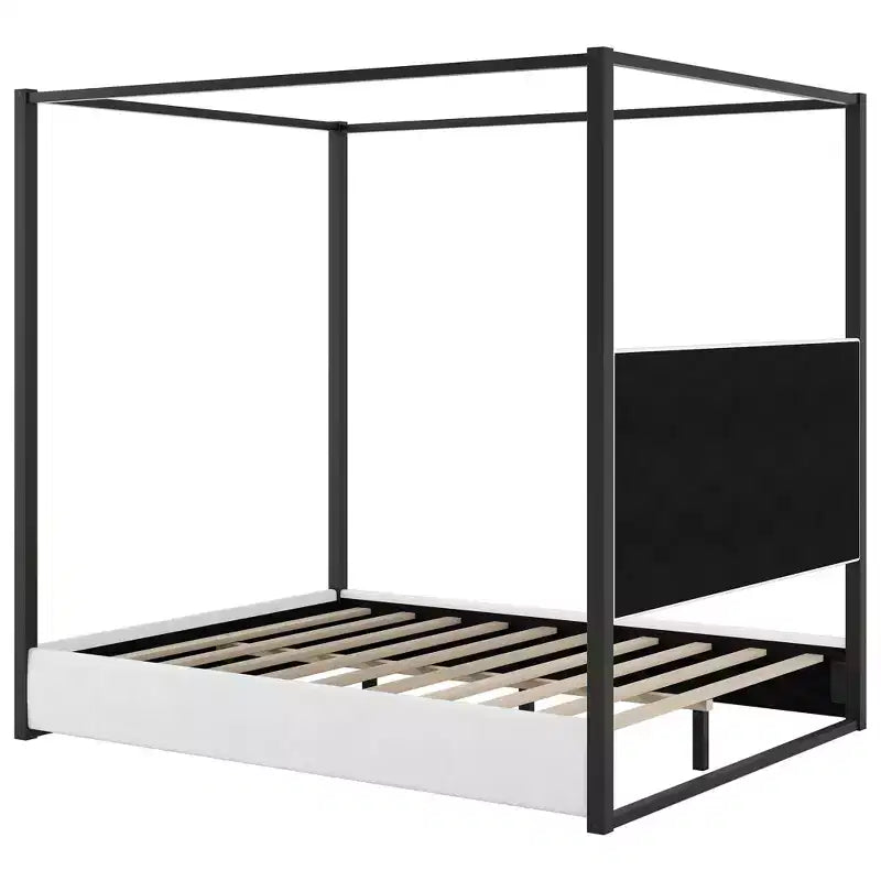 Lit plateforme à baldaquin moderne grand format Luxystar avec tête de lit rembourrée, noir
