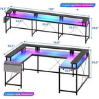 Bureau d'angle en U de 200 cm pour gamer, bureau d'ordinateur réversible en forme de L avec prises de courant, lumières LED, support d'écran et étagères de rangement
