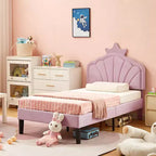 Cadre de lit enfant capitonné VECELO en forme de couronne, lit plateforme en bois avec tête de lit réglable, pas besoin de sommier tapissier