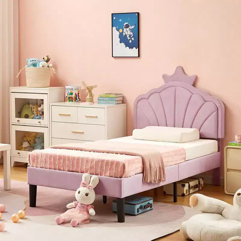 Cadre de lit enfant capitonné VECELO en forme de couronne, lit plateforme en bois avec tête de lit réglable, pas besoin de sommier tapissier