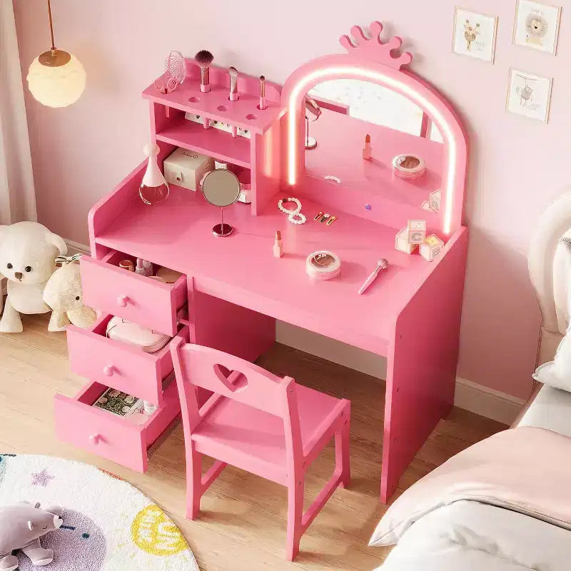Coiffeuse avec miroir et lumières pour petites filles, ensemble de coiffeuse avec tiroirs et étagères de rangement ouvertes, table de toilette en bois pour chambre à coucher
