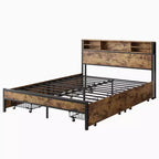 MAYEERTY Lit Plateforme Marron en Métal Taille Queen avec Cadre 4 Tiroirs de Rangement Tête de Lit en Bois Station de Recharge Pas de Sommier Tapissier Sans Bruit Assemblage Facile