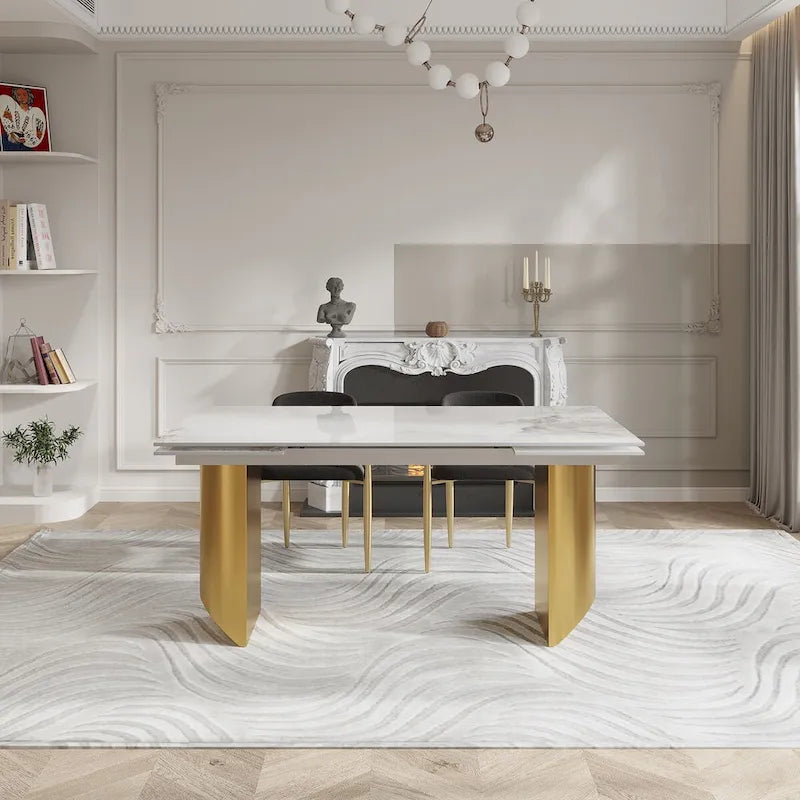Ensemble de salle à manger moderne minimaliste 9 pièces avec plateau en pierre frittée extensible et double piédestal de 240 cm