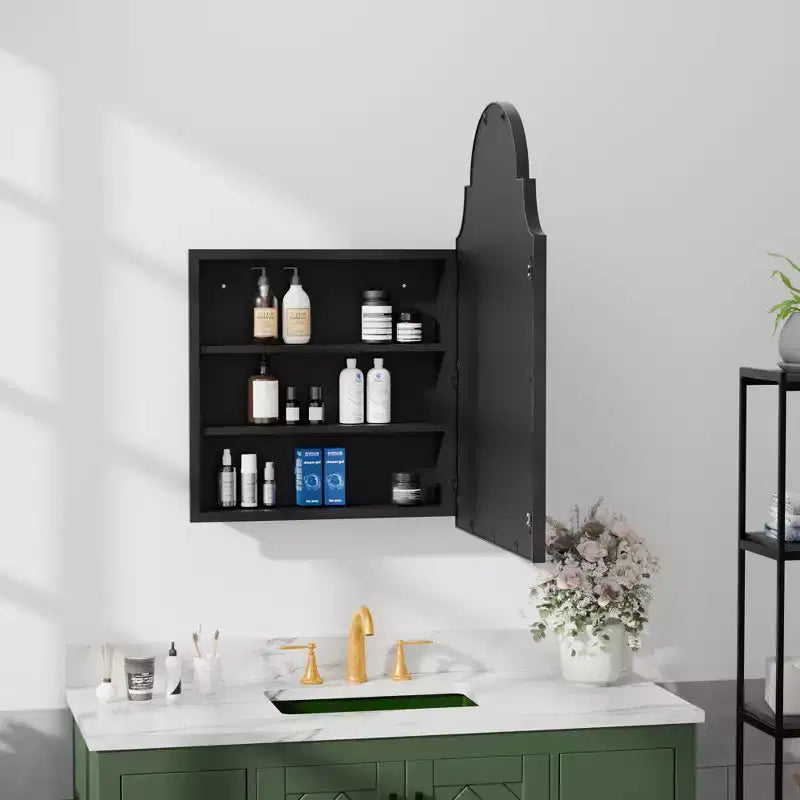 Armoire à pharmacie avec miroir, encadrement en fer forgé doré, 19,5 x 29,64 pouces, armoire murale pour salle de bain