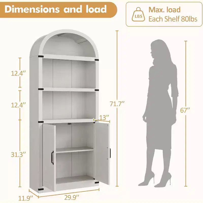 Bibliothèque avec portes Étagère arquée de 182 cm de haut Armoire de style campagnard avec étagères Bibliothèques en bois pour bureau à domicile, salon