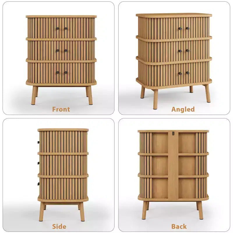 Meuble de rangement, commode à 3 tiroirs Mid-Century Modern avec porte coulissante, osier naturel et pieds en bois pour chambre à coucher ou salon