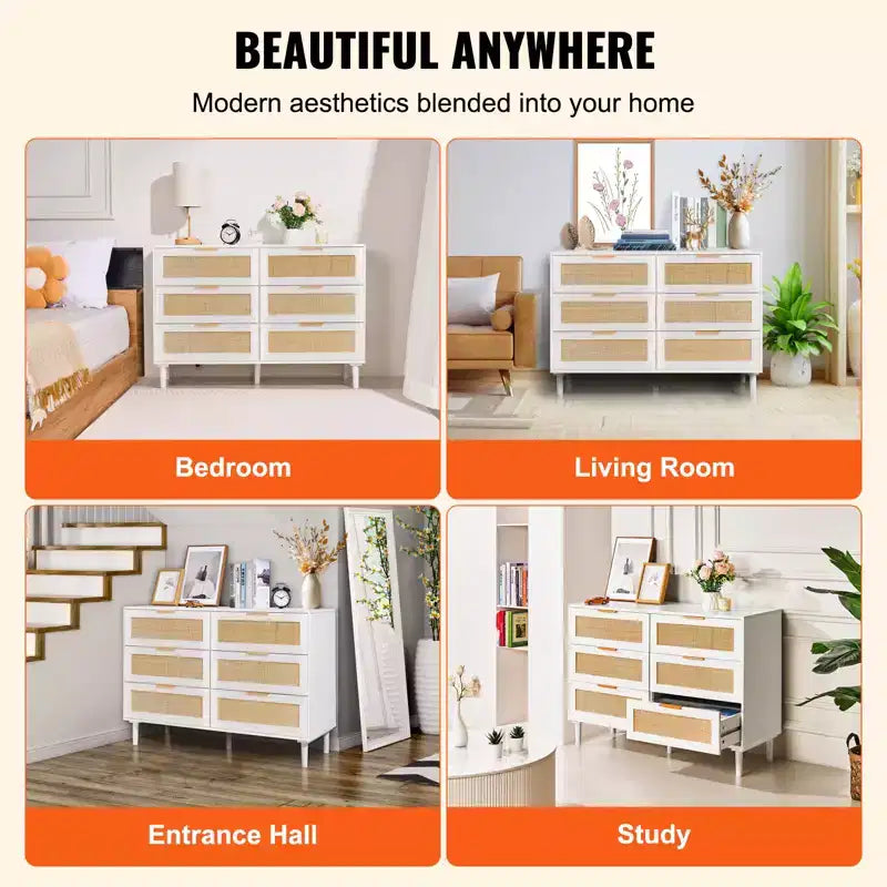 Commode 6 tiroirs en rotin VEVOR, commode bohème, commode en rotin avec rangement spacieux, commode en rotin naturel, blanc