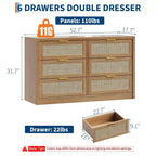 Commode à 6 tiroirs GustoWave pour chambre à coucher, commode en rotin de 133,8 cm de large, en bois avec poignées dorées, meuble TV de style ferme, table d'entrée, chiffonnier