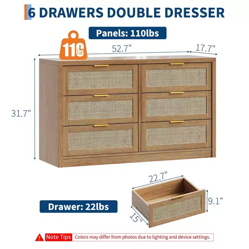 Commode à 6 tiroirs GustoWave pour chambre à coucher, commode en rotin de 133,8 cm de large, en bois avec poignées dorées, meuble TV de style ferme, table d'entrée, chiffonnier