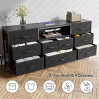 Commode large à 9 tiroirs pour chambre à coucher, coffre de rangement en tissu noir de 160 cm avec lumières LED et prises de courant, adapté pour téléviseur de 190 cm, meuble de rangement pour console média