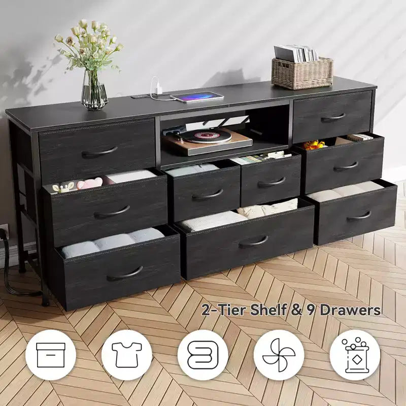 Commode large à 9 tiroirs pour chambre à coucher, coffre de rangement en tissu noir de 160 cm avec lumières LED et prises de courant, adapté pour téléviseur de 190 cm, meuble de rangement pour console média