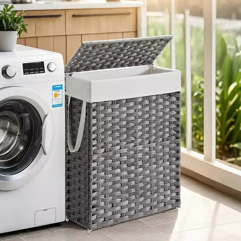 Panier à linge fin de 55 litres avec couvercle, en rotin, pliable, avec couvercle et poignées, doublure amovible
