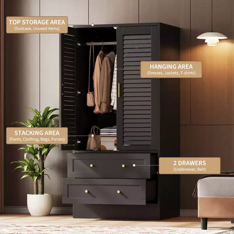 Armoire penderie à persiennes de 165 cm, Meuble de rangement en bois avec 2 portes et 2 tiroirs, Armoire de chambre avec tringle de suspension