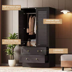 Armoire penderie à persiennes de 165 cm, Meuble de rangement en bois avec 2 portes et 2 tiroirs, Armoire de chambre avec tringle de suspension