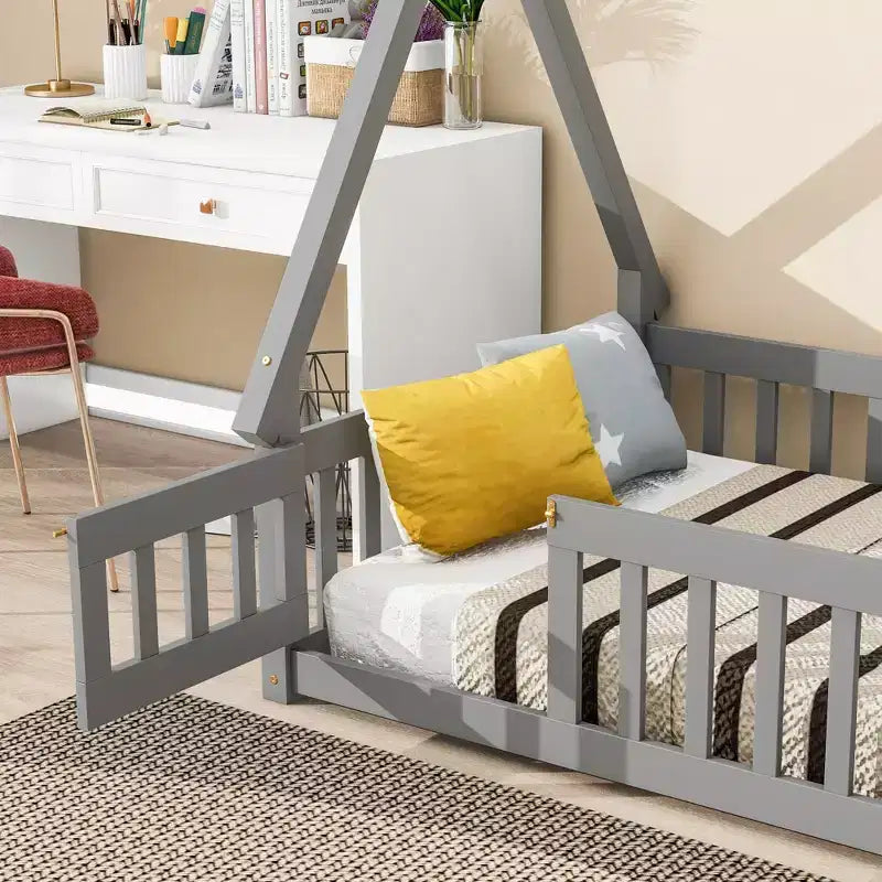 Okak Lit au sol simple/double avec toit amovible en forme de tente et rails de sécurité à 360° pour les tout-petits de 2 à 6 ans, lit pour enfants facile à monter, chambre d'enfant