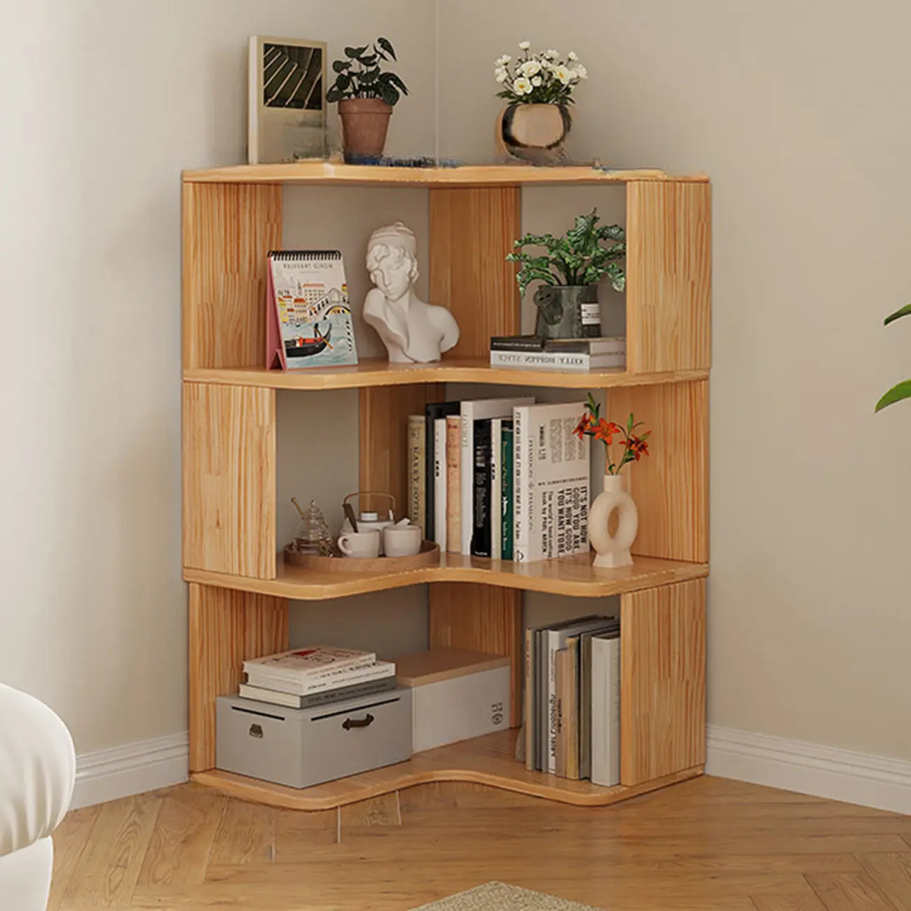 Bibliothèque verticale en bois en L à dos ouvert, finition naturelle