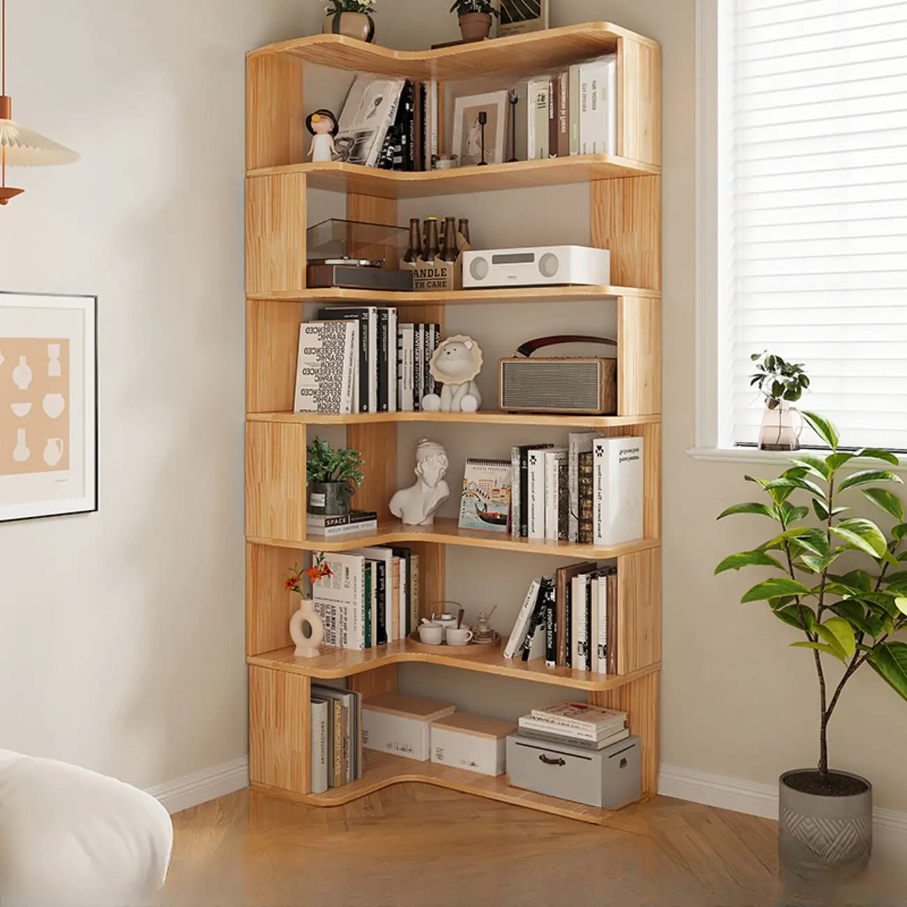 Bibliothèque verticale en bois en L à dos ouvert, finition naturelle