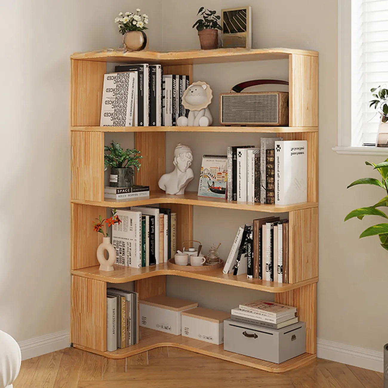 Bibliothèque verticale en bois en L à dos ouvert, finition naturelle