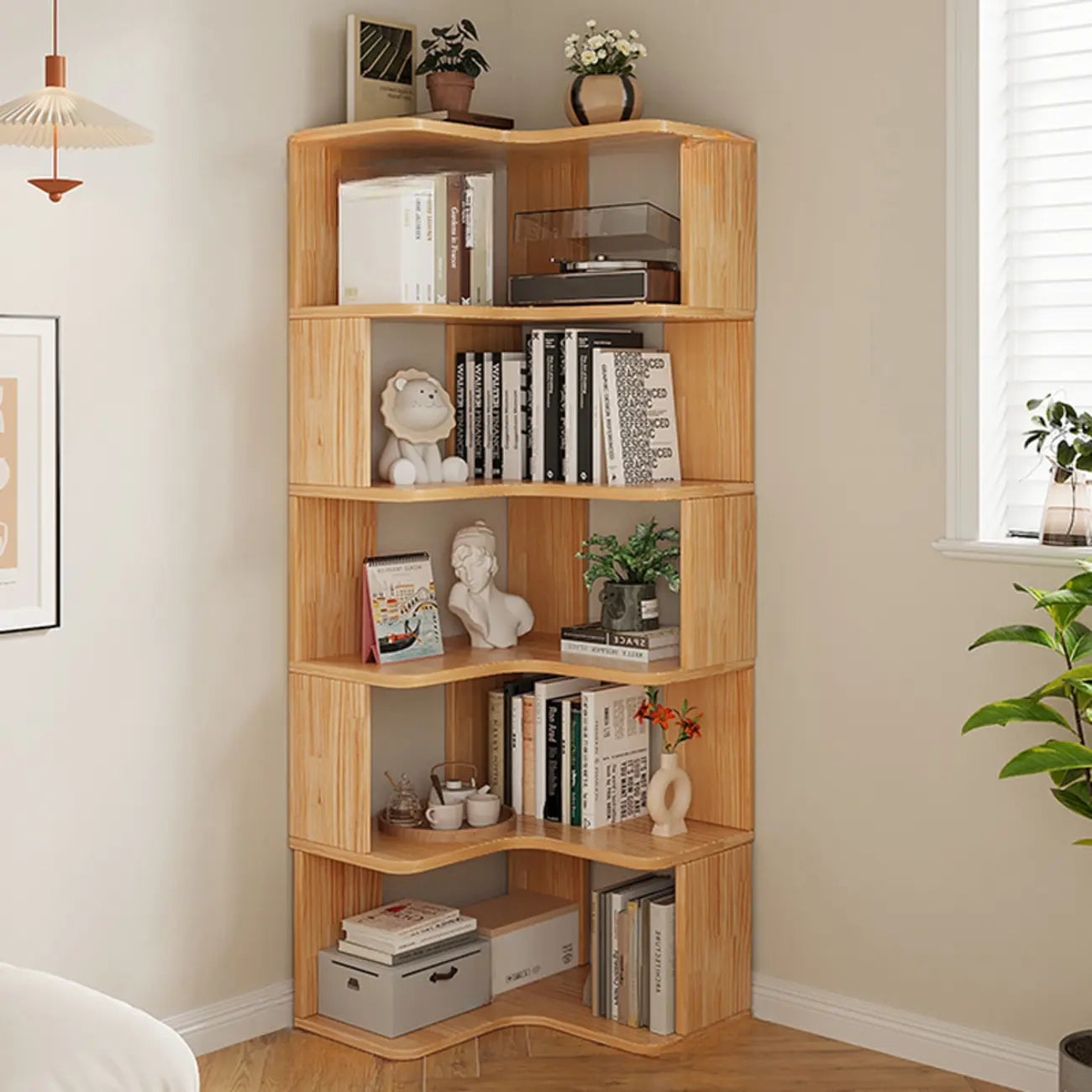 Bibliothèque verticale en bois en L à dos ouvert, finition naturelle