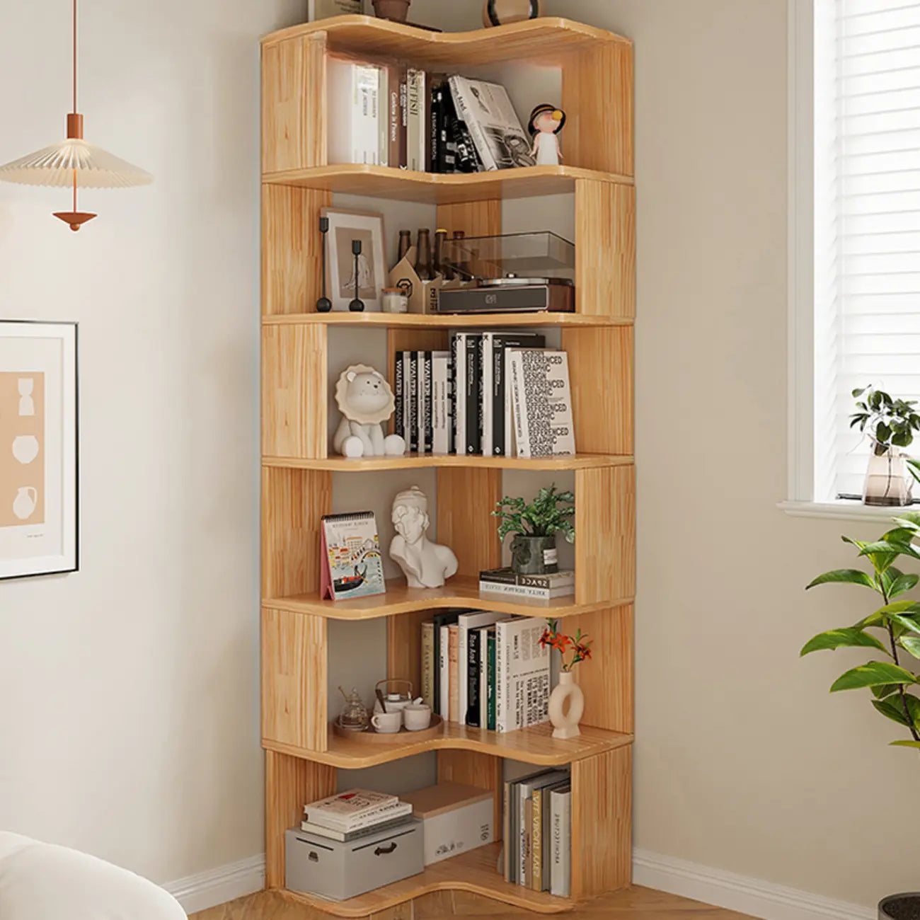 Bibliothèque verticale en bois en L à dos ouvert, finition naturelle