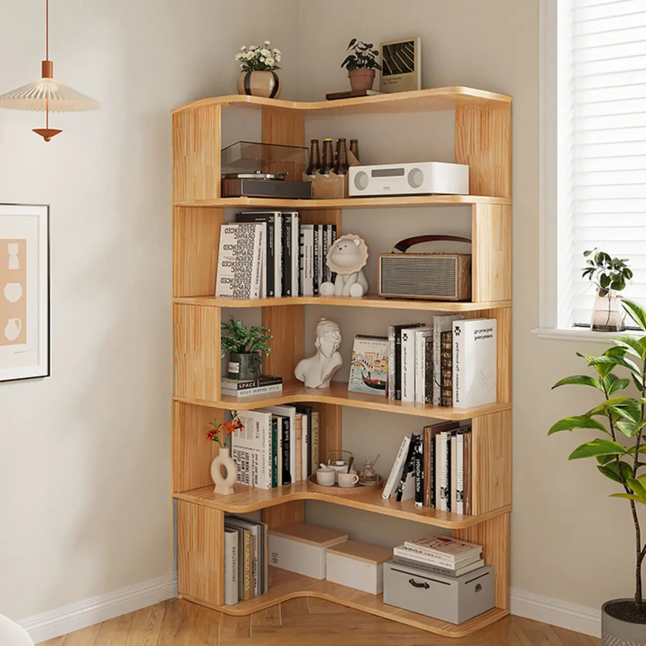 Bibliothèque verticale en bois en L à dos ouvert, finition naturelle