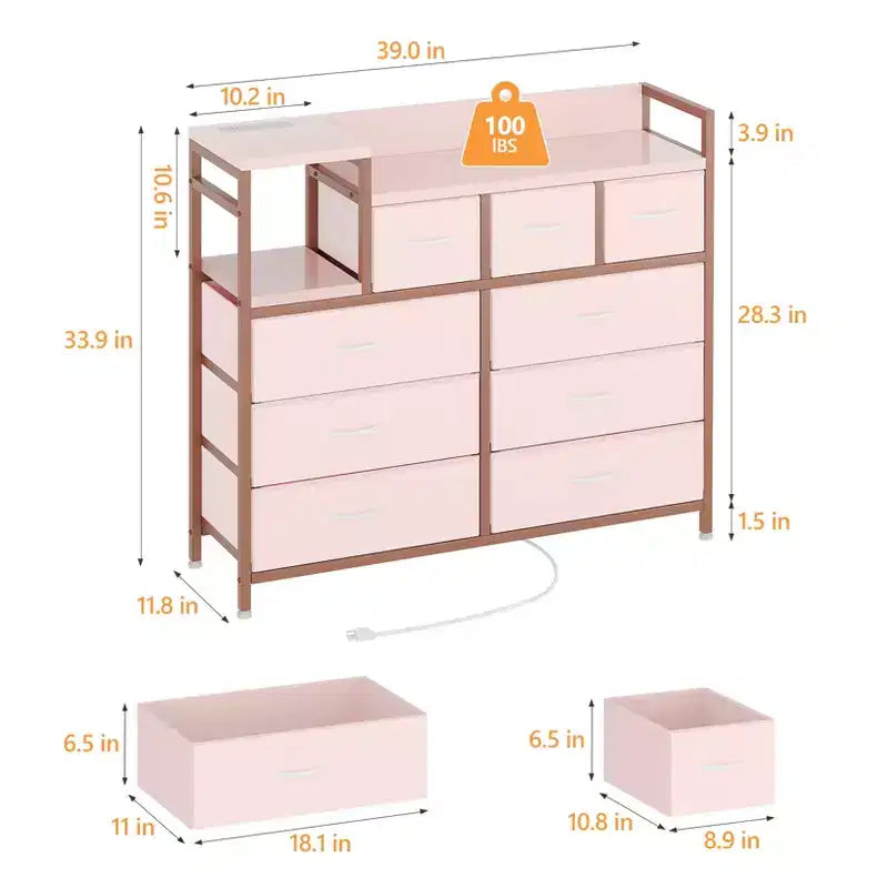 COZONY Commode de rangement à 9 tiroirs de 86,4 cm de haut et meuble TV, Tour de rangement en tissu, Rangement à cadre en acier robuste pour le salon, utilisation dans les petits espaces
