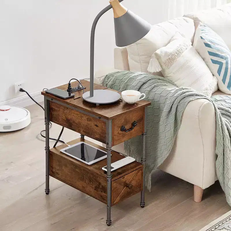 Table de chevet VECELO avec station de charge et tiroir, table d'appoint étroite avec port USB et prises électriques pour salon ou chambre à coucher, marron