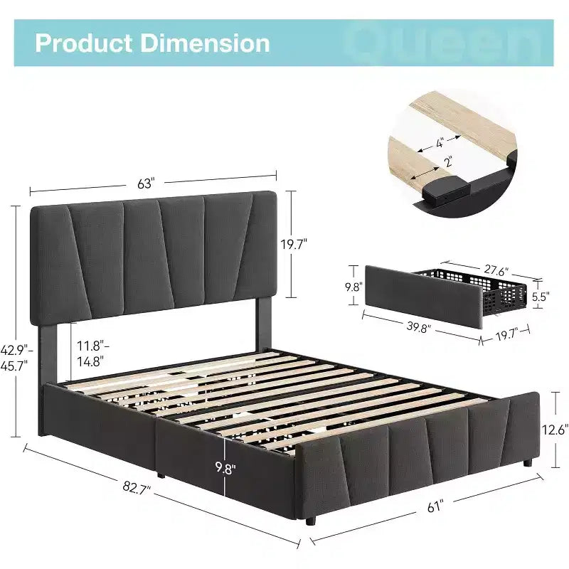 Lit Queen Size avec tête de lit réglable et 4 tiroirs de rangement, cadre de lit plateforme rembourré doux avec support à lattes en bois