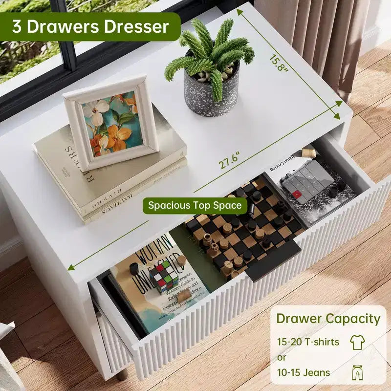Commode, Meuble à tiroirs – 29,9 po 3 tiroirs cannelés avec pieds en métal et dispositif anti-basculement, rangement blanc pour chambre à coucher, entrée