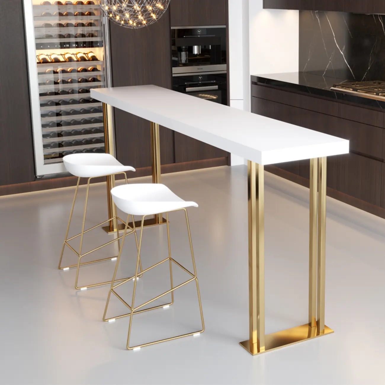 Table de bar rectangulaire de luxe en bois avec base luge dorée pour salle à manger