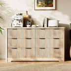Commode 6 tiroirs cannelée, commode moderne en bois avec plateau en bois, armoire de rangement robuste pour vêtements de chambre à coucher