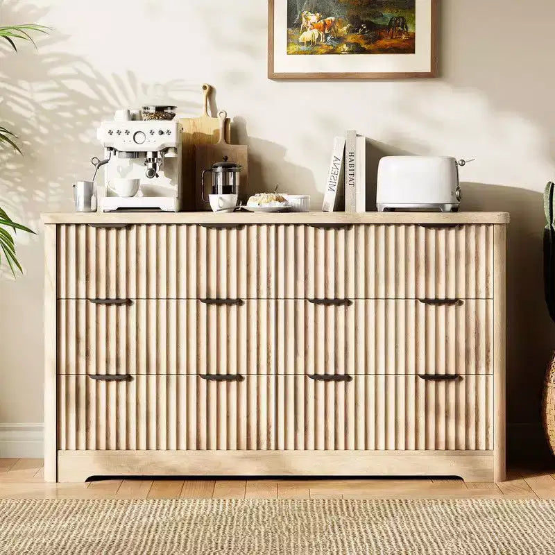 Commode 6 tiroirs cannelée, commode moderne en bois avec plateau en bois, armoire de rangement robuste pour vêtements de chambre à coucher